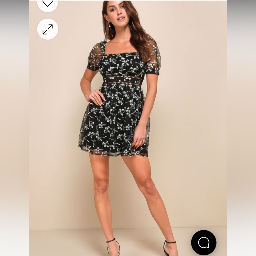 NWT Lulus Radiant Love Black Floral Embroidered Short Sleeve Skater Dress
